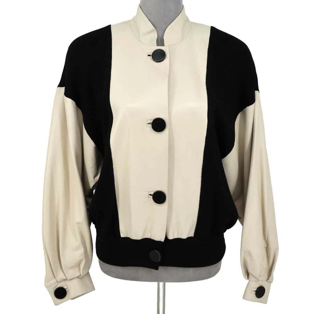 St John Jacket Womens Medium Beige Leather Black Wool Knit Bomber Vintage